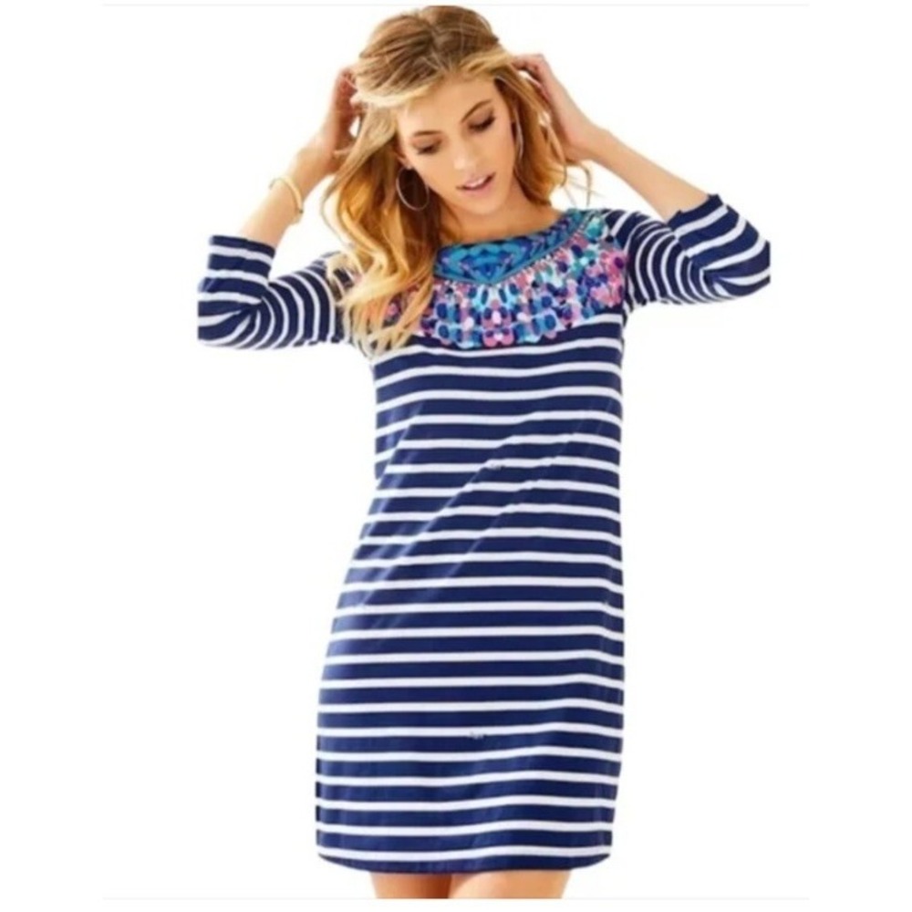 Lilly Pulitzer Bay Dress Island Medallion Stripe Navy Blue 3/4 Sleeve Mini S NWT